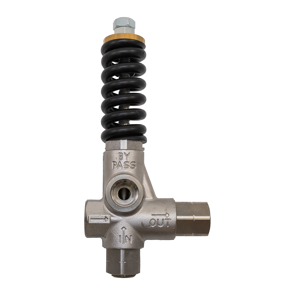 YU2158, STAINLESS STEEL HIGH FLOW PRESSURE ACTUATED UNLOADER, 21GPM, 6500PSI, 1/2" IN-OUT-BY, BLACK SPRING