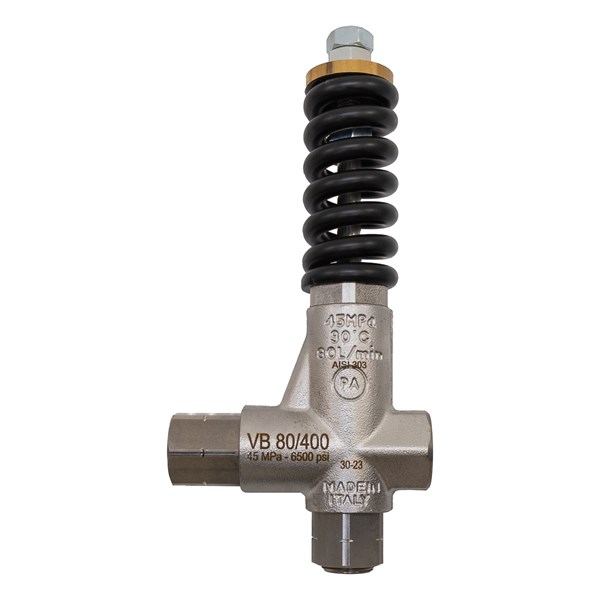 1002.2927, STAINLESS STEEL HIGH FLOW PRESSURE ACTUATED UNLOADER, 21GPM, 6500PSI, 1/2" IN-OUT-BY, BLACK SPRING